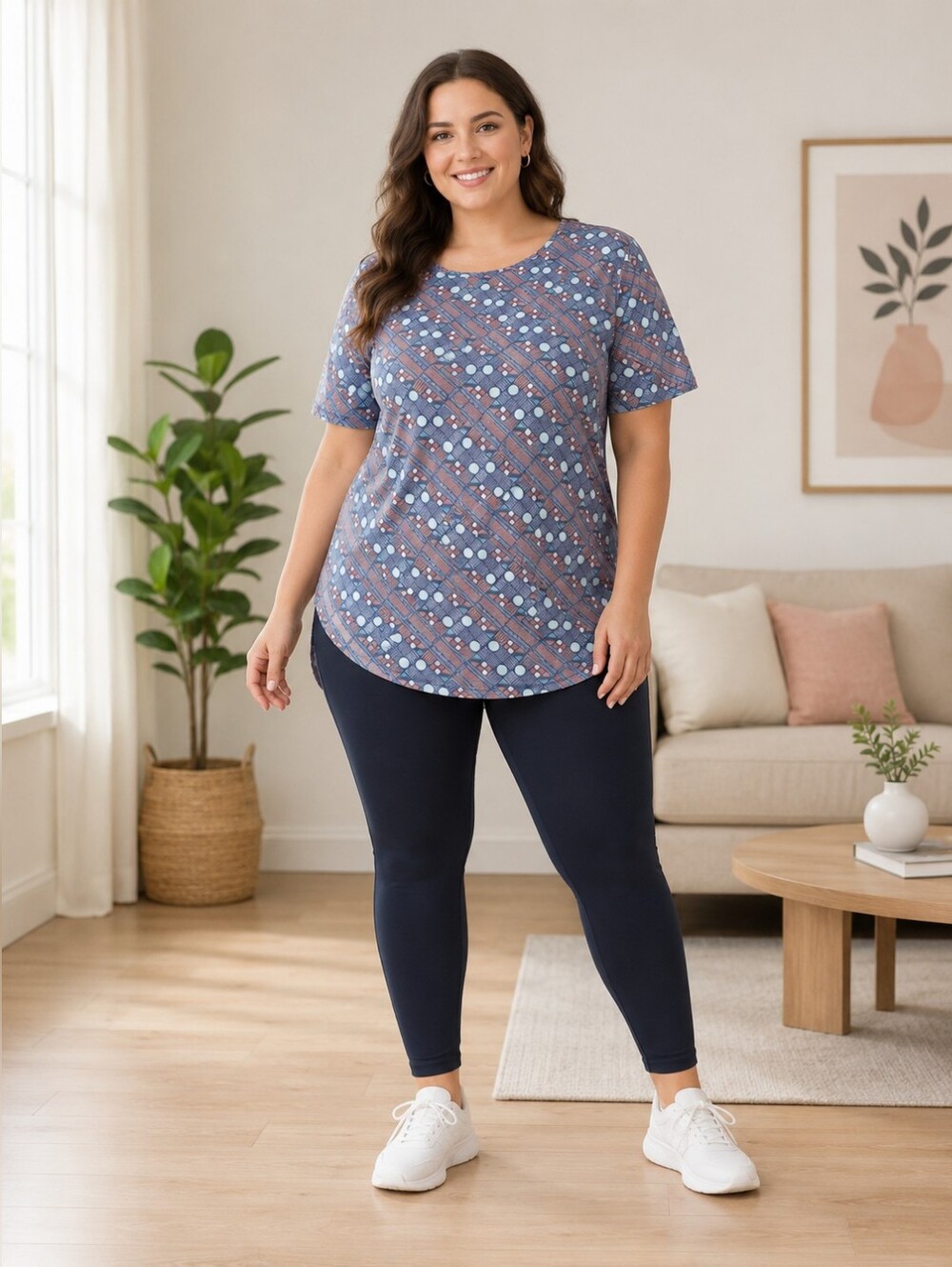 LuLaRoe Irma Tunic Top 2XL Pink Blue Geometric Dot Hi Low Oversized Stretch
